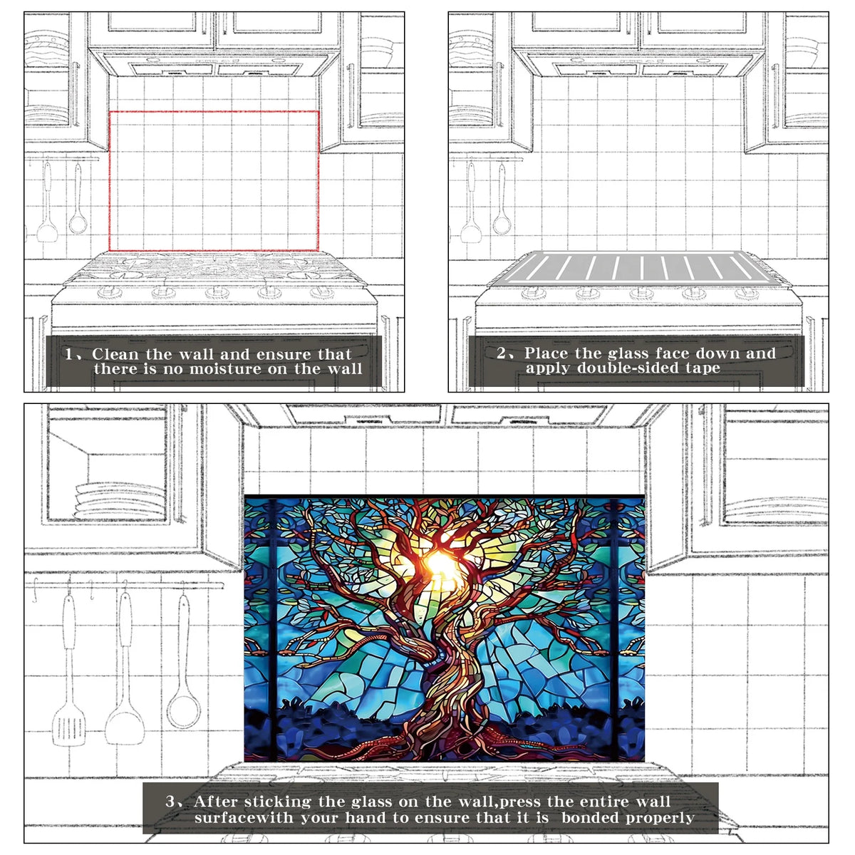 Mosaic Tree of Life Tempered Glass Backsplash for Kitchen Behind Stove, Back Top Cover - Product image 6