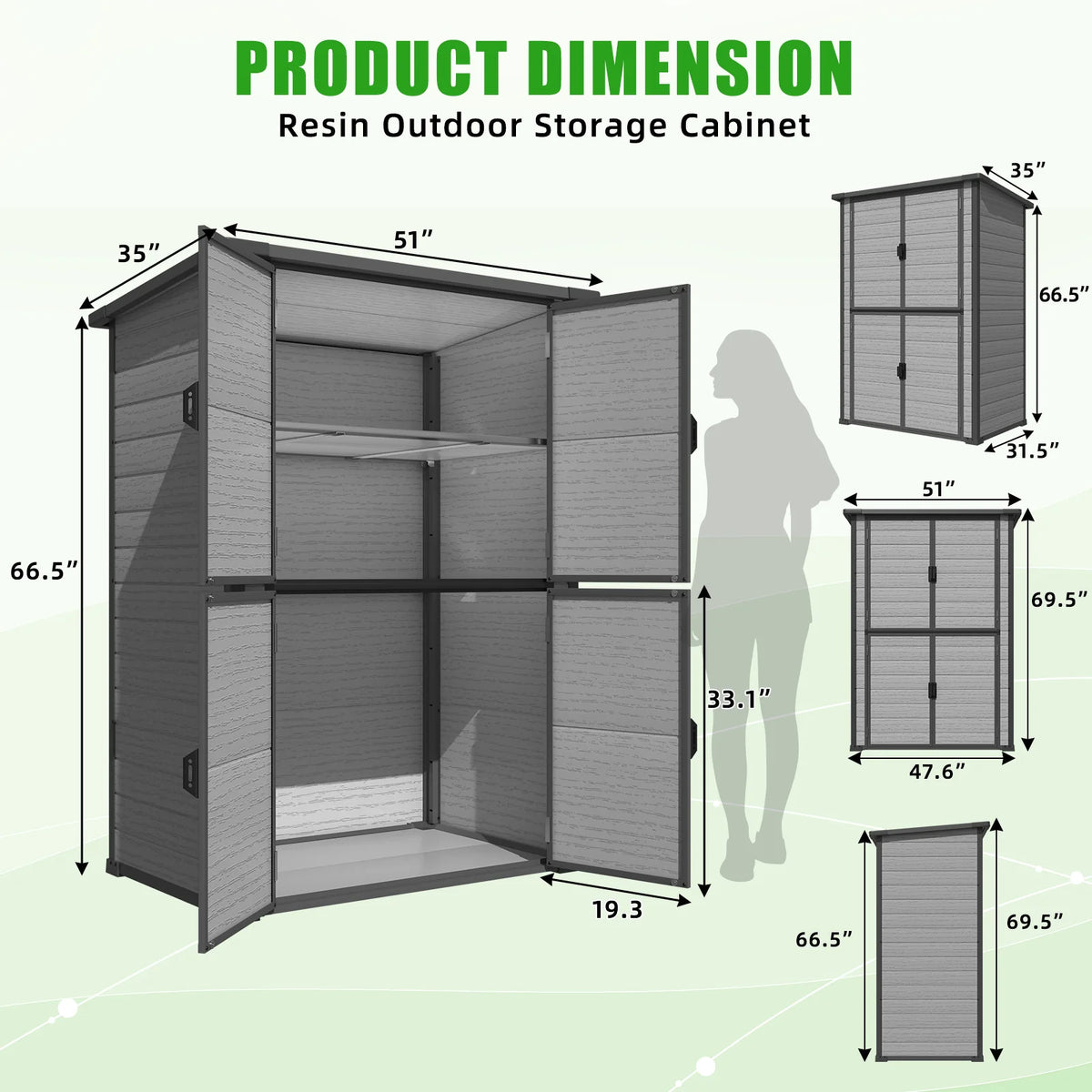 AECOJOY 58 Cu.Ft Resin Outdoor Storage Cabinet Waterproof with Shelves, Dark Gray - Product image 3