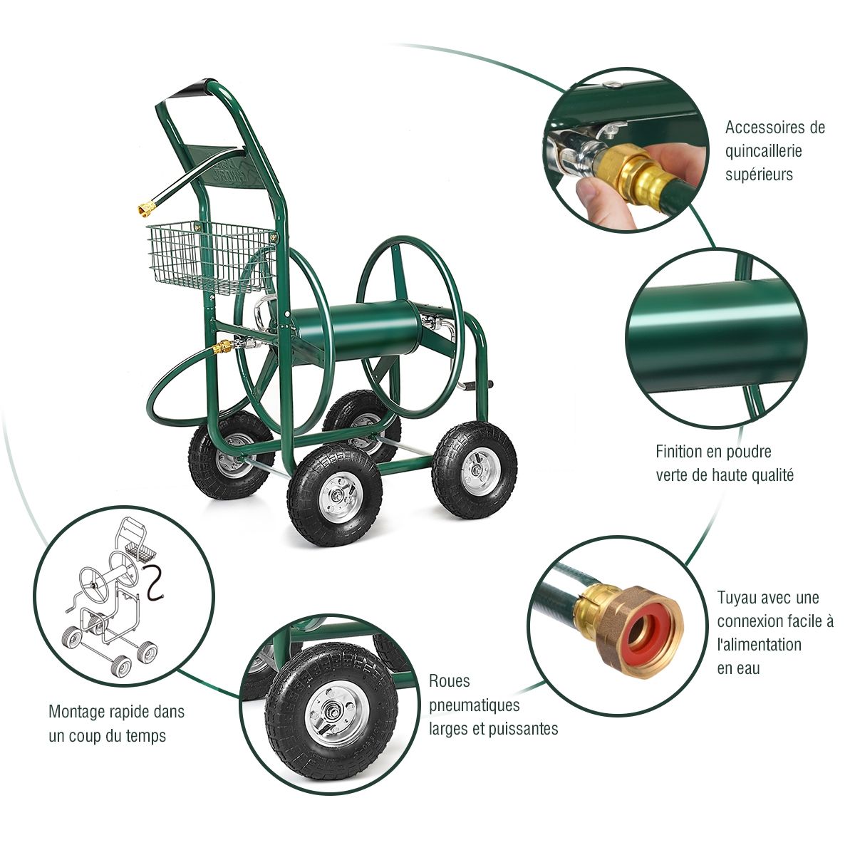 Garden Hose Reel with 4 Wheels Trolley for 1.7m of Watering Hose Basket, 95x62x113cm, Green -