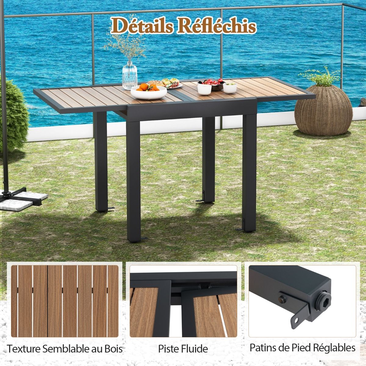 Extendable Aluminum Garden Table Adjustable from 80 to 160 CM Rectangular Outdoor Dining Table for 4-6 People Natural -