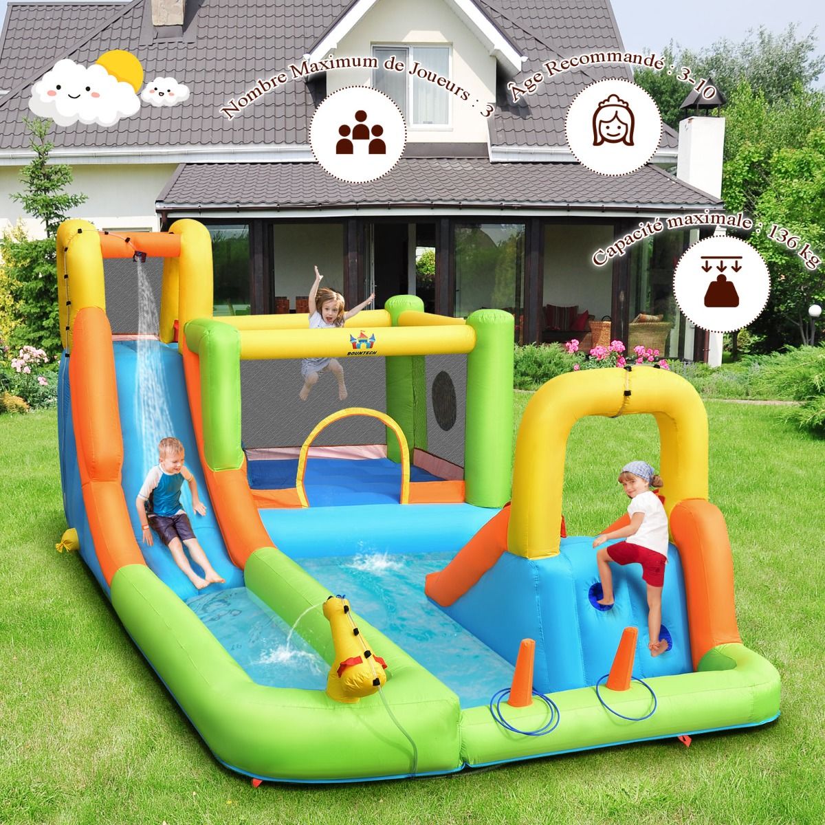 8 in 1 Inflatable Castle with 2 Slides Water Park with Jumping House Load 135kg for 3 Children Ages 3-10 -