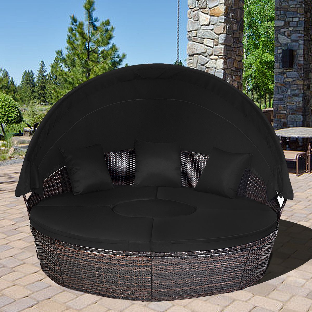 Round Outdoor Garden Bed Modular & Convertible Liftable Table - Adjustable PE Rattan Sun Shade Cushions Included Black -