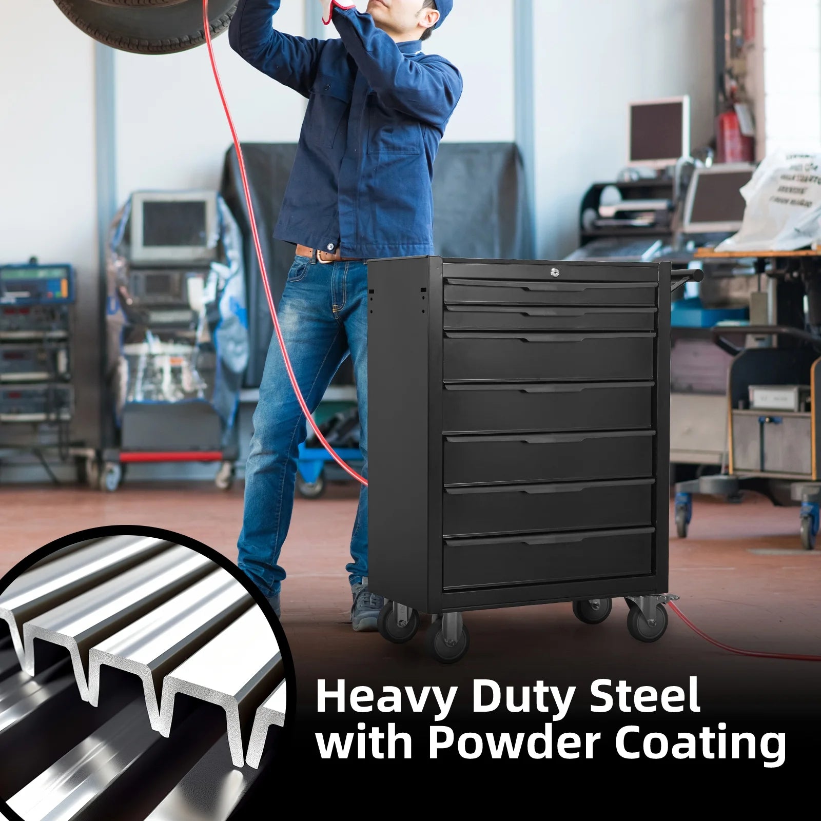7 - Drawer Rolling Tool Chest Cabinet, Large Capacity Metal Tool Box with Wheels and Cylinder Locking - Product image 7