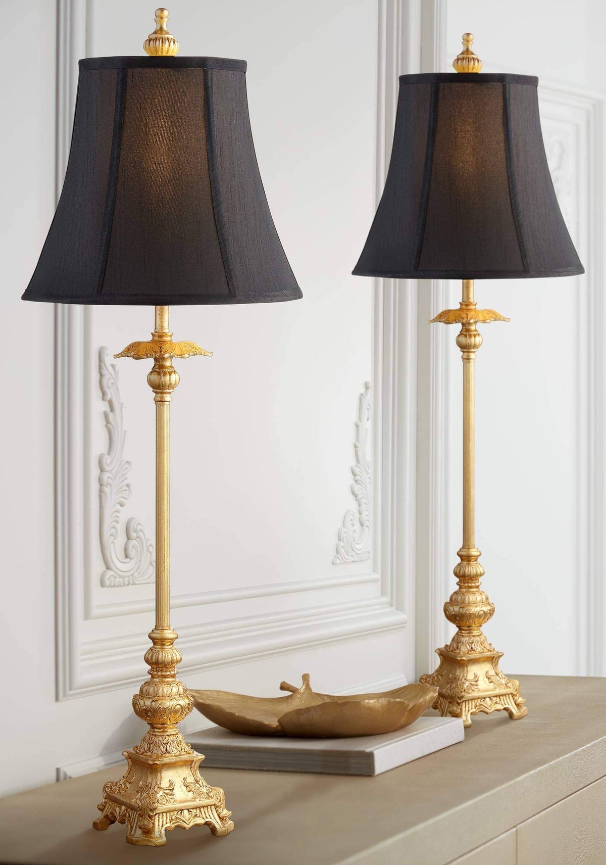 Regency Hill Traditional Buffet Table Lamps Set of 2 Gold Intricate Details Black Fabric Bell Shade for - Product image 1