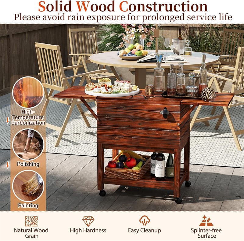 54 Quart Wooden Rolling Cooler Cart, Patio Ice Chest with 2 Drop Leaf Tables, Bottle Opener & Bottom Shelf - Product image 9