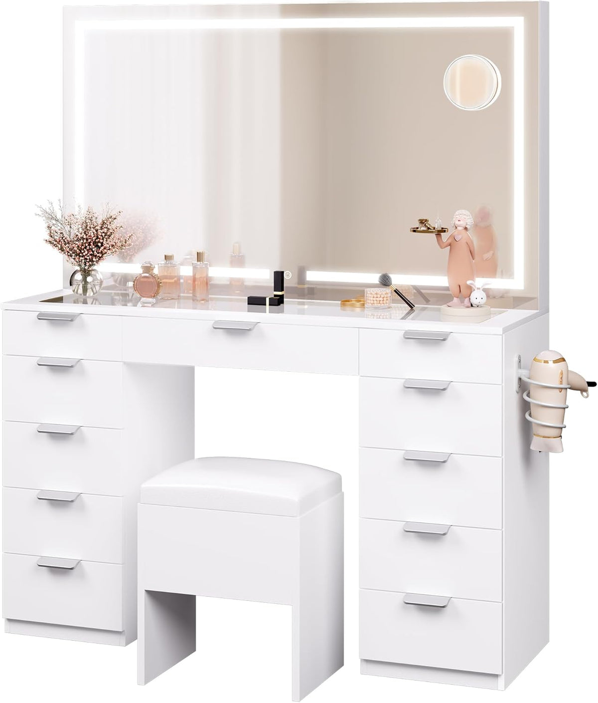 YITAHOME Large Dressing Table with Adjustable LED Lighting and Electrical Sockets, Dressing Table with Mirror, Clear Glass Roof, 11 Drawers and Stool, White