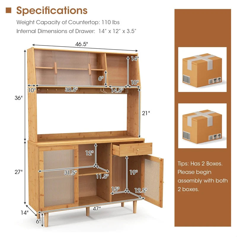 69" Tall Bamboo Kitchen Pantry Hutch Cabinet, Freestanding Buffet Sideboard with Rattan Door - Product image 3