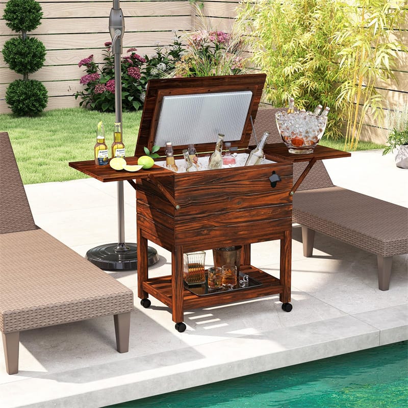 54 Quart Wooden Rolling Cooler Cart, Patio Ice Chest with 2 Drop Leaf Tables, Bottle Opener & Bottom Shelf - Product image 13