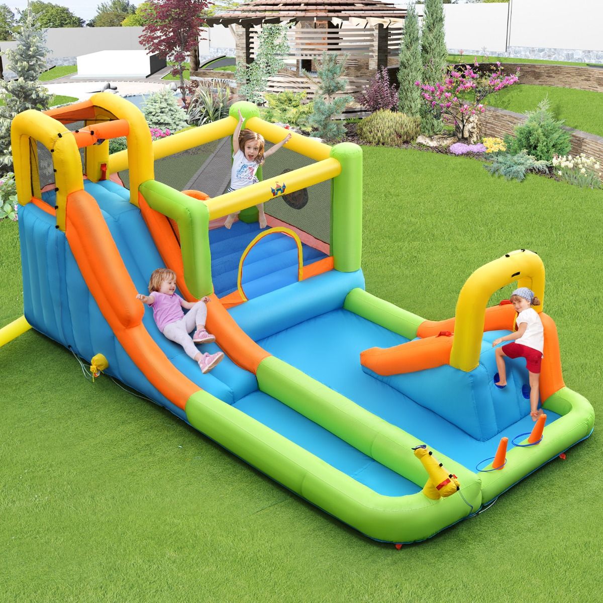 8 in 1 Inflatable Castle with 2 Slides Water Park with Jumping House Load 135kg for 3 Children Ages 3-10 -