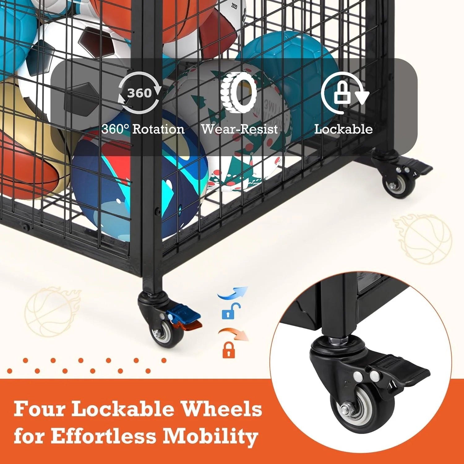 AECOJOY Ball Cart Storage, Rolling Basketball Bin with Wheels for Garage, School, Gym - Product image 4