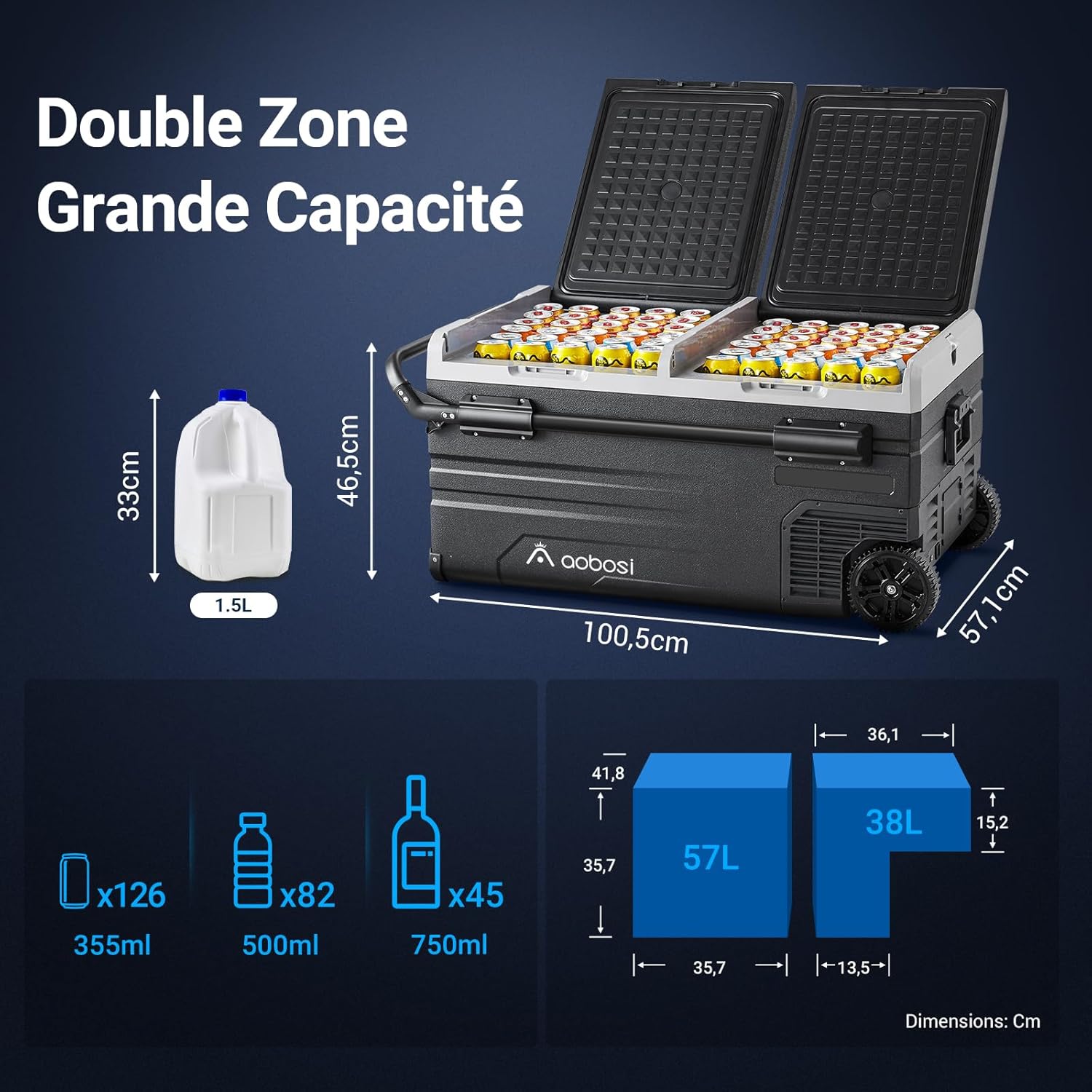 115L Double Zone Electric Cooler, WiFi APP Compression Cooler, 12 V/24 V and 100-240 V Camping Fridge, -20 to 20 for Car, Truck, Boat, Camping, Car, Caravans, Traveling, Home