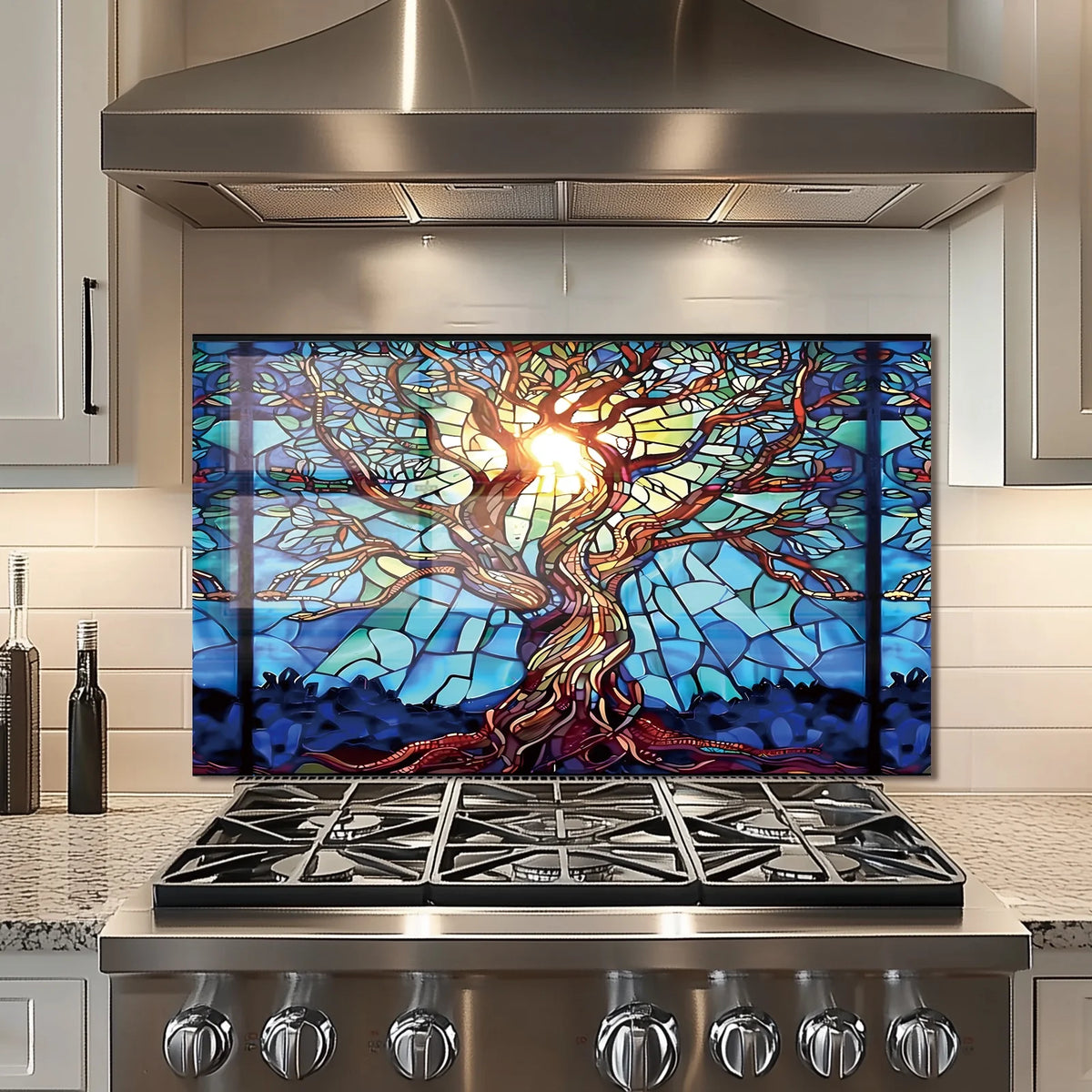 Mosaic Tree of Life Tempered Glass Backsplash for Kitchen Behind Stove, Back Top Cover - Product image 2