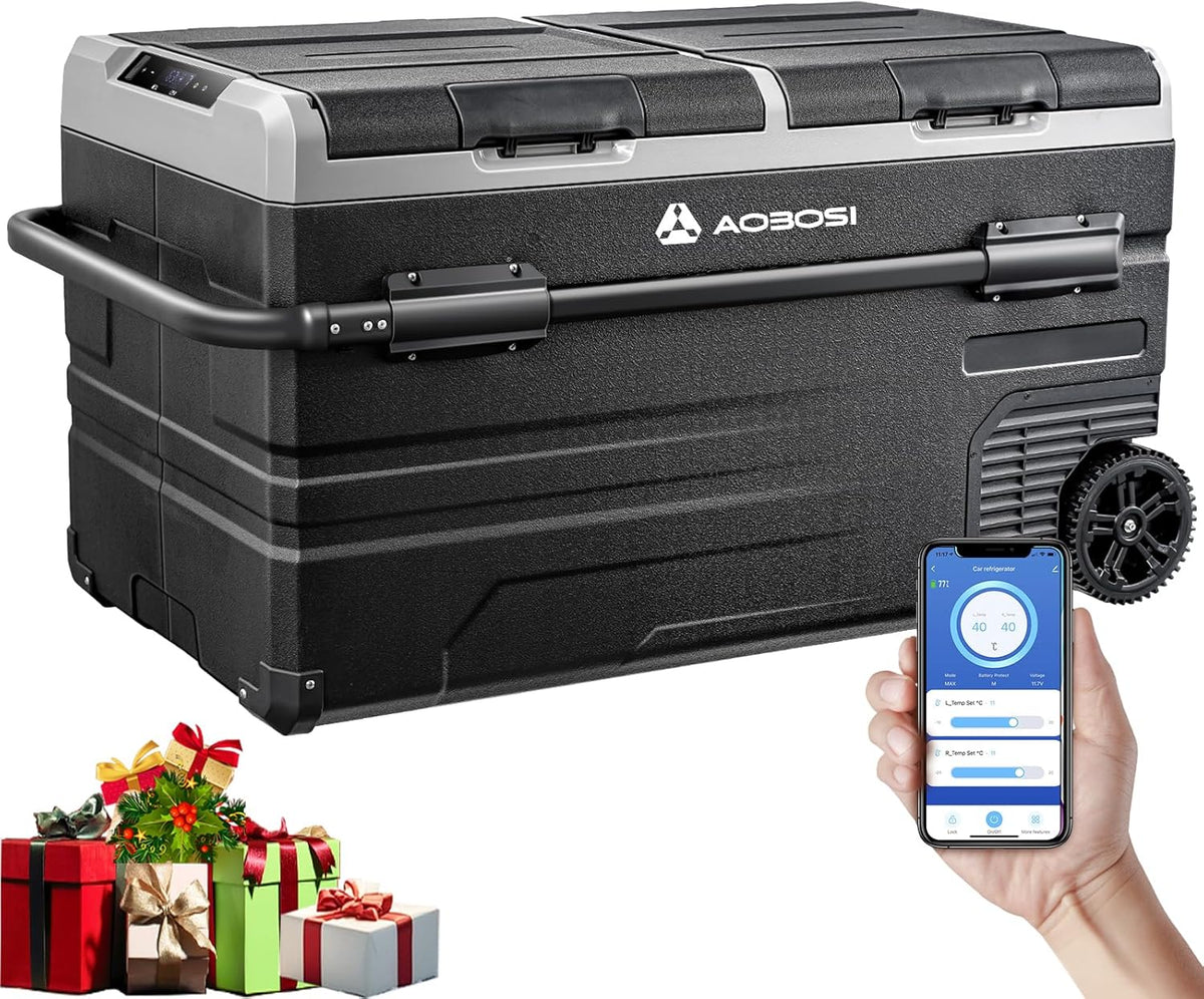 115L Double Zone Electric Cooler, WiFi APP Compression Cooler, 12 V/24 V and 100-240 V Camping Fridge, -20 to 20 for Car, Truck, Boat, Camping, Car, Caravans, Traveling, Home