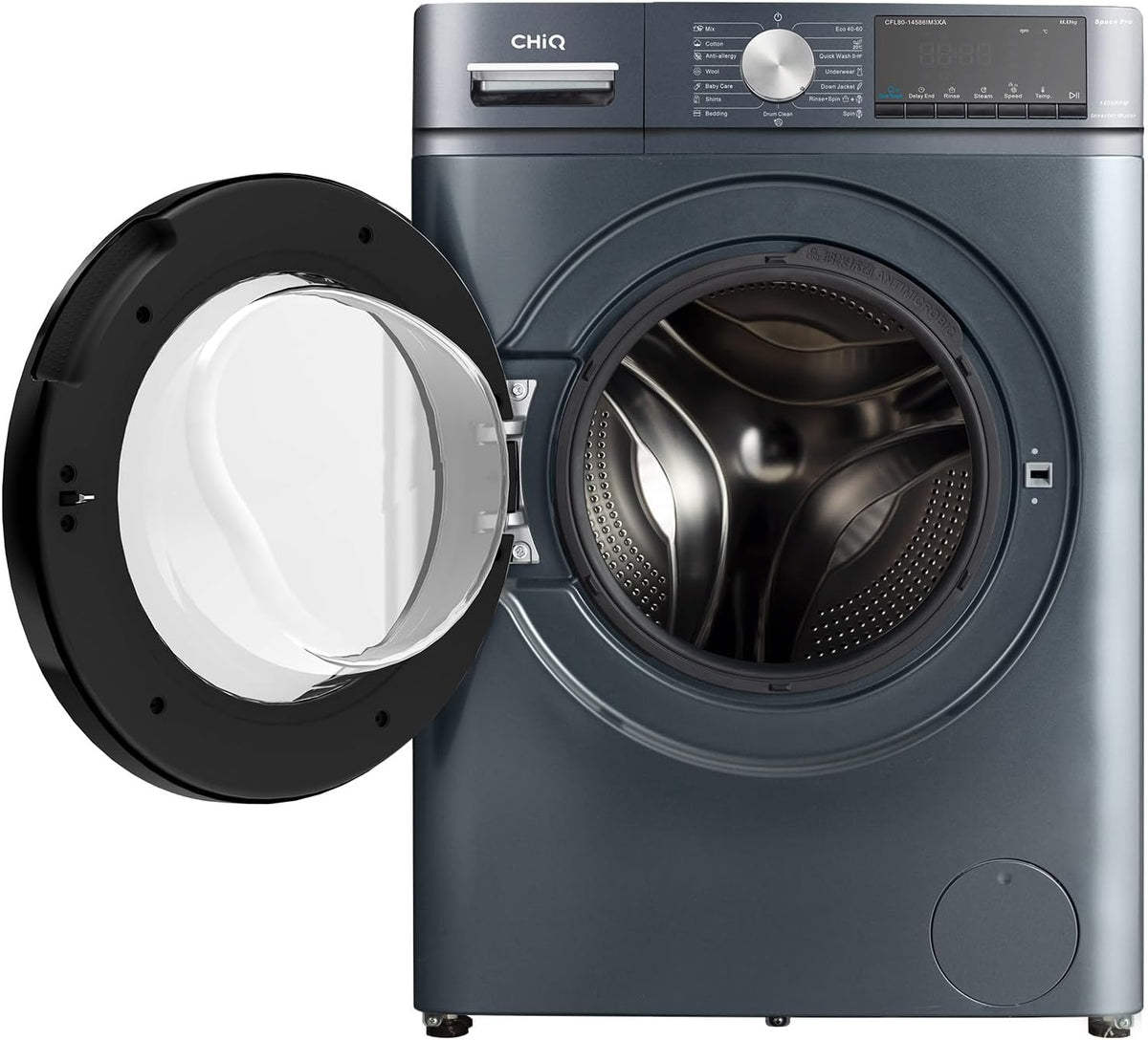 CHiQ Washing Machine CFL80-14586IM3XA, Front loading 8 kg, Space Pro, Stable inverter motor, 1400 rpm, Intelligent AI program, Steam function, Quick wash 15 minutes, 15 wash cycles, Gray