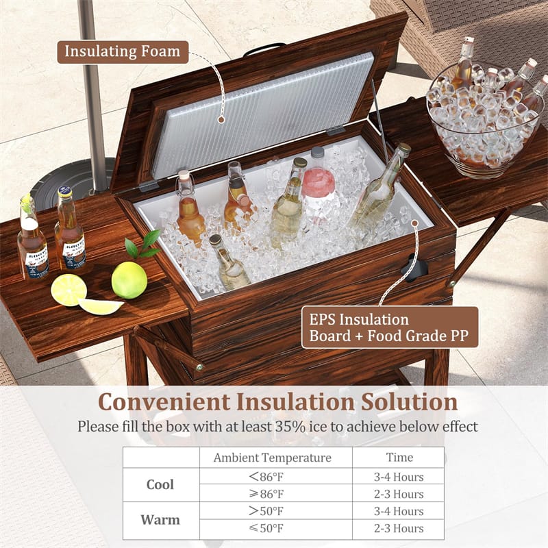 54 Quart Wooden Rolling Cooler Cart, Patio Ice Chest with 2 Drop Leaf Tables, Bottle Opener & Bottom Shelf - Product image 7