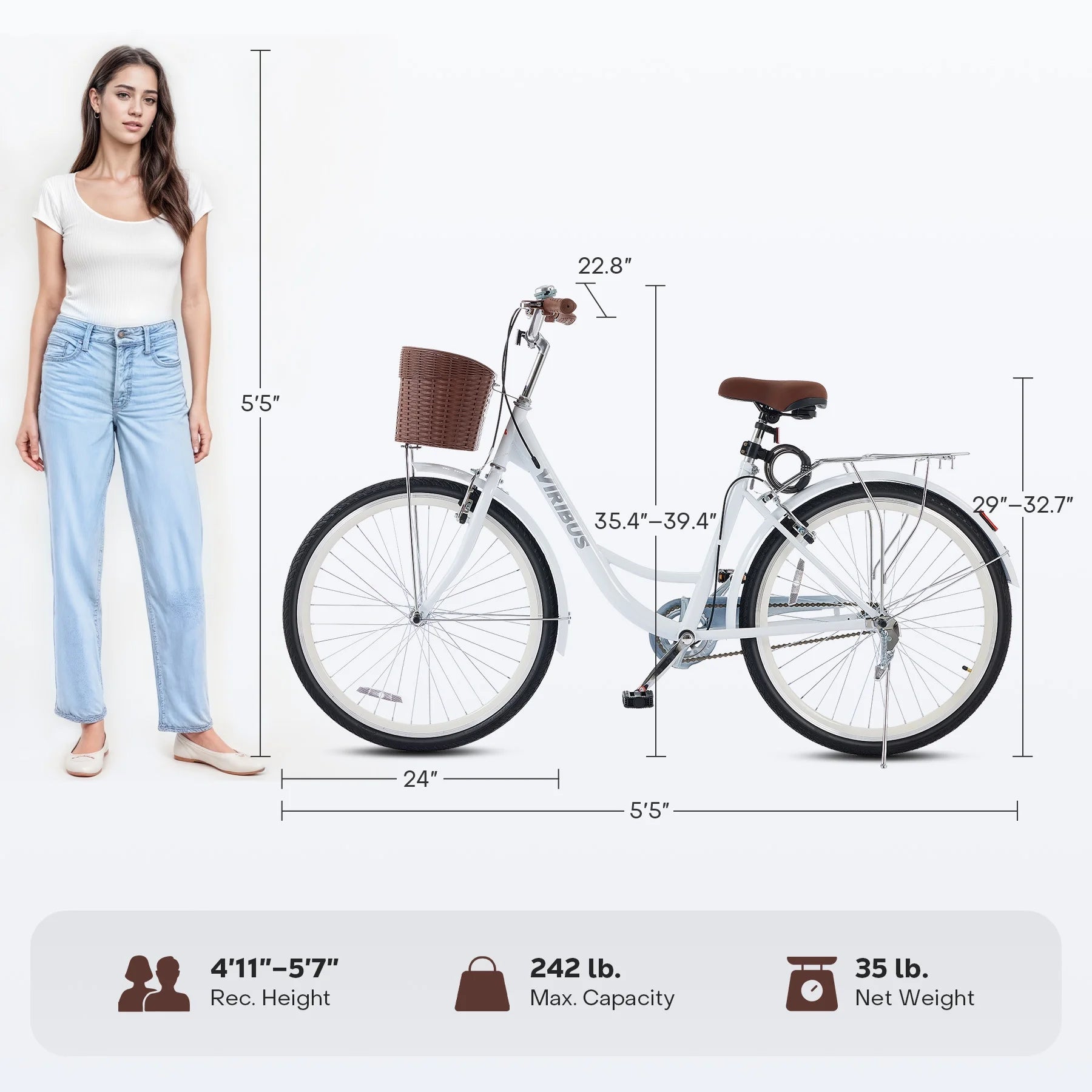 Viribus Women'S Comfort Bike 24 in Beach & City Cruiser Bicycle with Basket Rack White - Product image 8