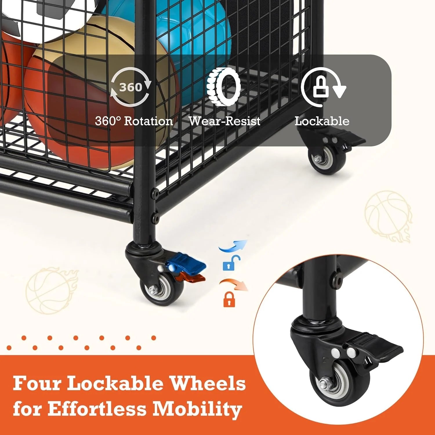 AECOJOY Ball Cart Storage, Rolling Basketball Bin with Wheels for Garage, School, Gym - Product image 3