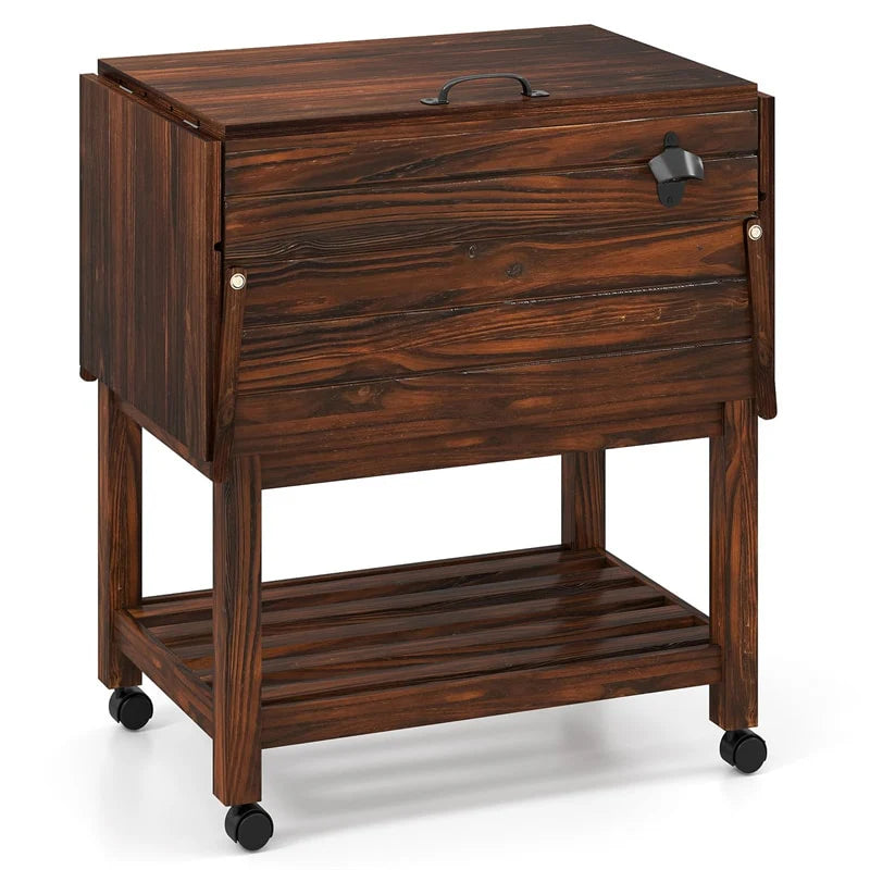 54 Quart Wooden Rolling Cooler Cart, Patio Ice Chest with 2 Drop Leaf Tables, Bottle Opener & Bottom Shelf - Product image 5