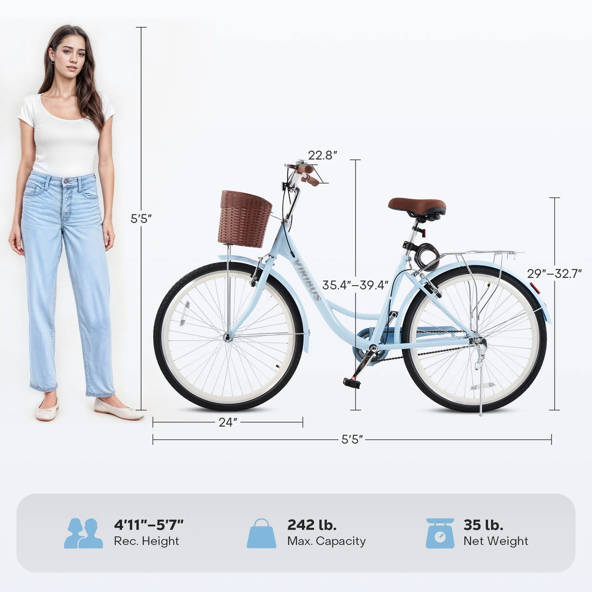 Viribus Women'S Comfort Bike 24 in Beach & City Cruiser Bicycle with Basket Rack White - Product image 24