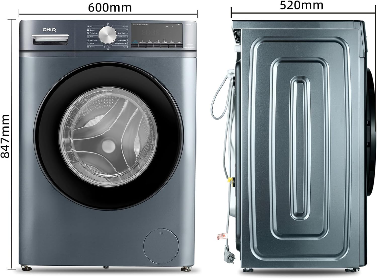 CHiQ Washing Machine CFL80-14586IM3XA, Front loading 8 kg, Space Pro, Stable inverter motor, 1400 rpm, Intelligent AI program, Steam function, Quick wash 15 minutes, 15 wash cycles, Gray