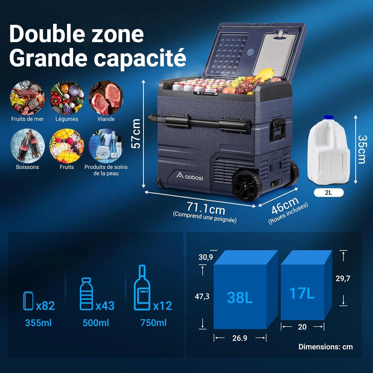 115L Double Zone Electric Cooler, WiFi APP Compression Cooler, 12 V/24 V and 100-240 V Camping Fridge, -20 to 20 for Car, Truck, Boat, Camping, Car, Caravans, Traveling, Home