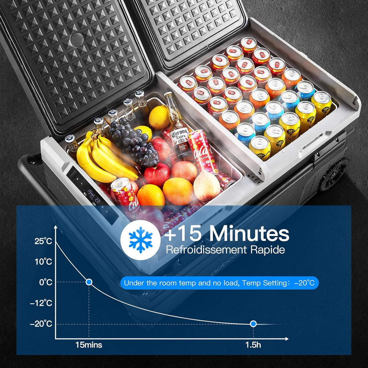115L Double Zone Electric Cooler, WiFi APP Compression Cooler, 12 V/24 V and 100-240 V Camping Fridge, -20 to 20 for Car, Truck, Boat, Camping, Car, Caravans, Traveling, Home