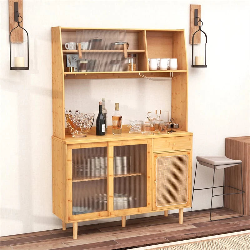69" Tall Bamboo Kitchen Pantry Hutch Cabinet, Freestanding Buffet Sideboard with Rattan Door - Product image 2