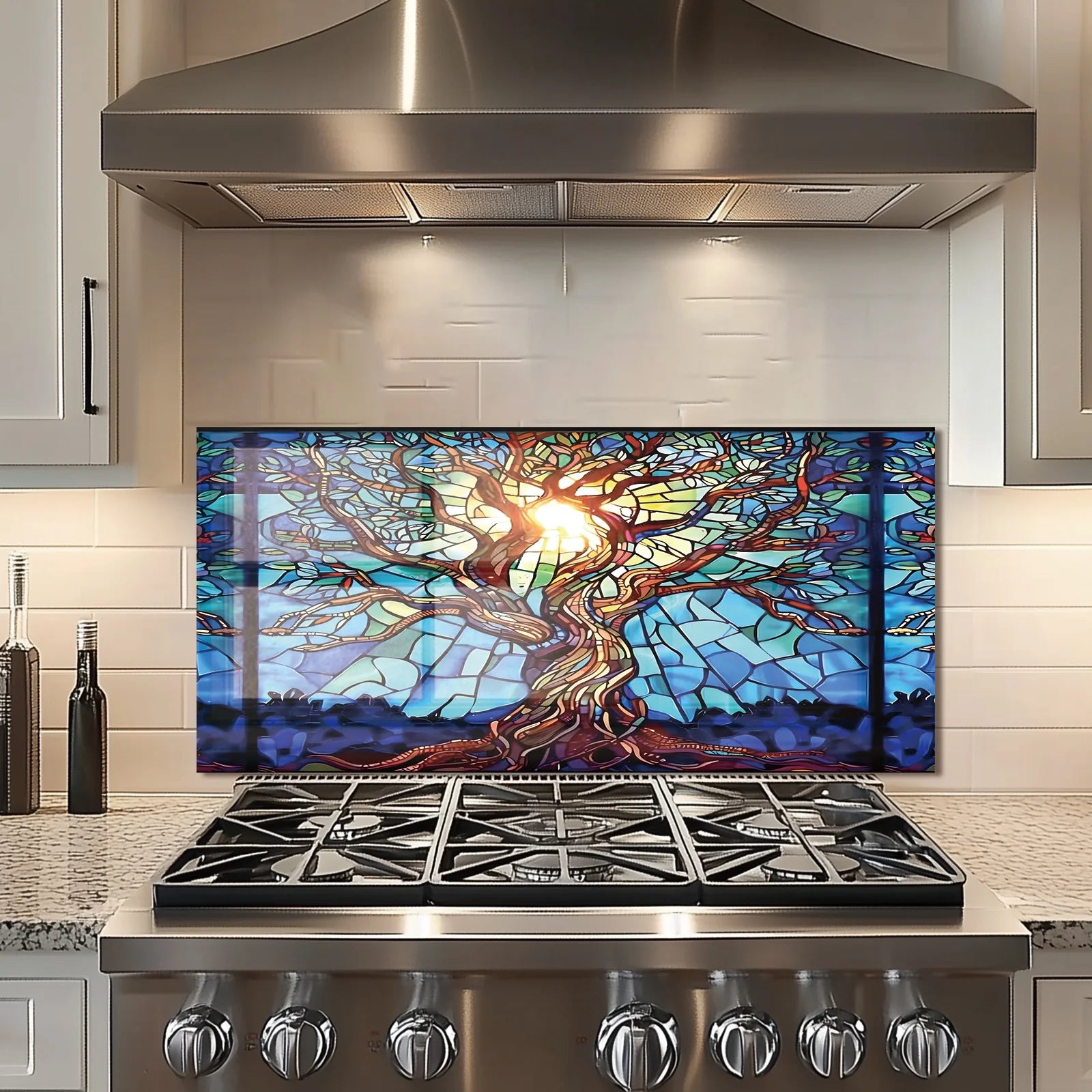 Mosaic Tree of Life Tempered Glass Backsplash for Kitchen Behind Stove, Back Top Cover - Product image 8