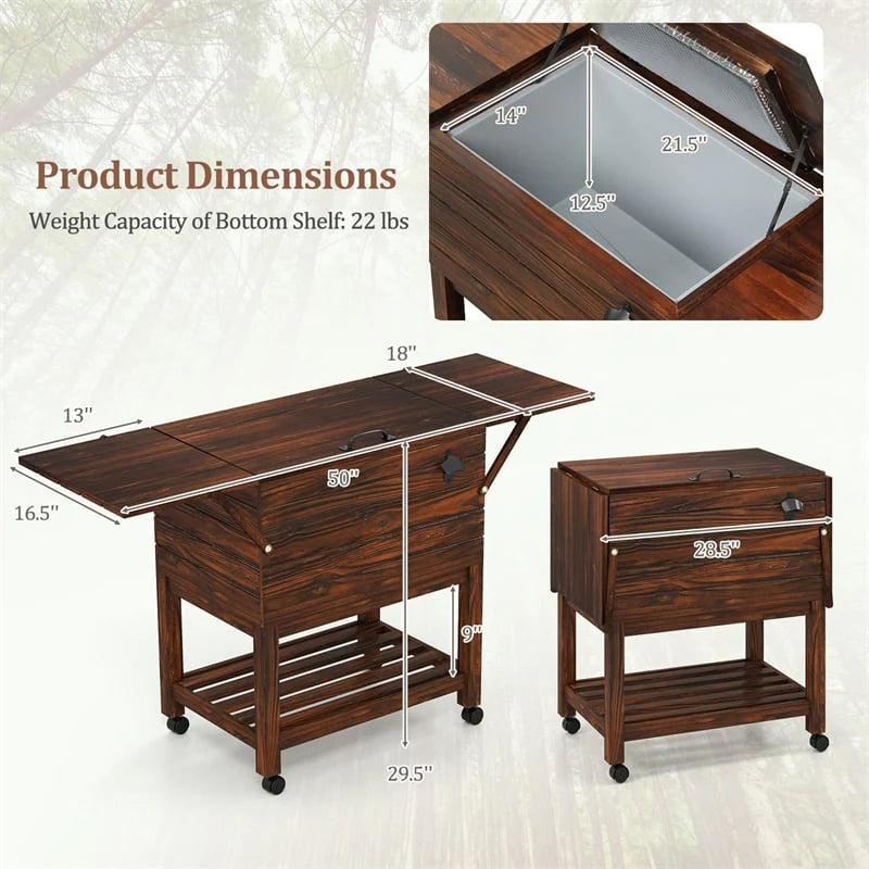 54 Quart Wooden Rolling Cooler Cart, Patio Ice Chest with 2 Drop Leaf Tables, Bottle Opener & Bottom Shelf - Product image 6