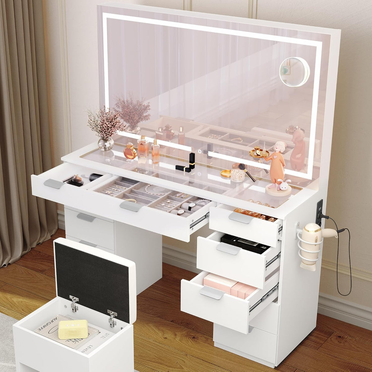 YITAHOME Large Dressing Table with Adjustable LED Lighting and Electrical Sockets, Dressing Table with Mirror, Clear Glass Roof, 11 Drawers and Stool, White