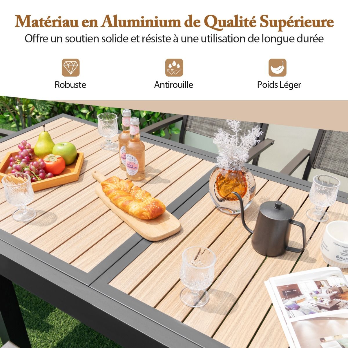 Extendable Aluminum Garden Table Adjustable from 80 to 160 CM Rectangular Outdoor Dining Table for 4-6 People Natural -