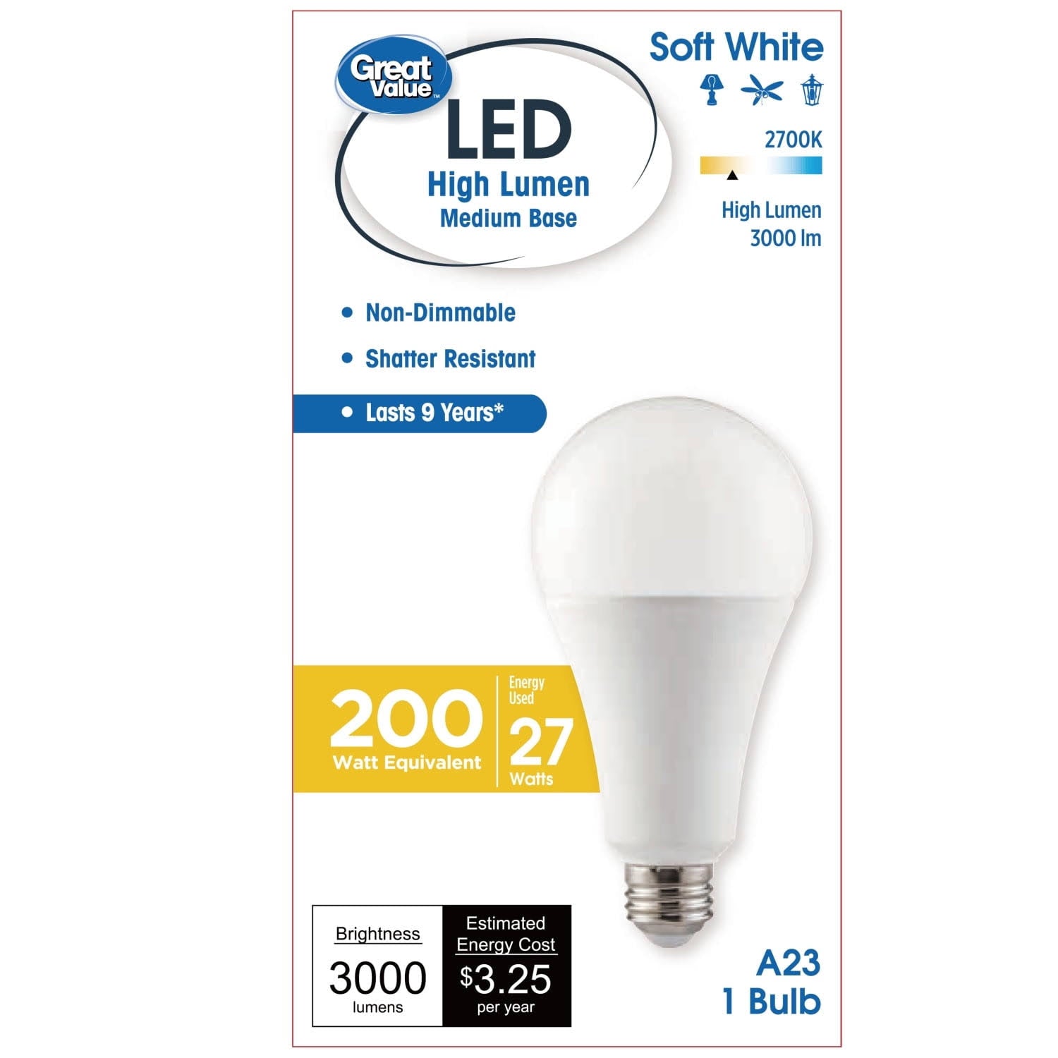 Great Value 200 Watt LED A23 Bulb, Soft White - 1 Each - Product image 1