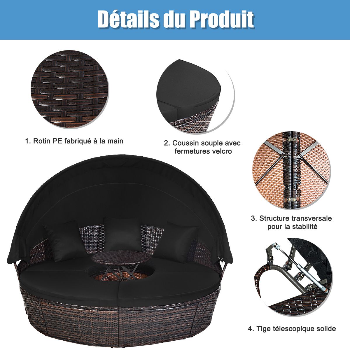 Round Outdoor Garden Bed Modular & Convertible Liftable Table - Adjustable PE Rattan Sun Shade Cushions Included Black -