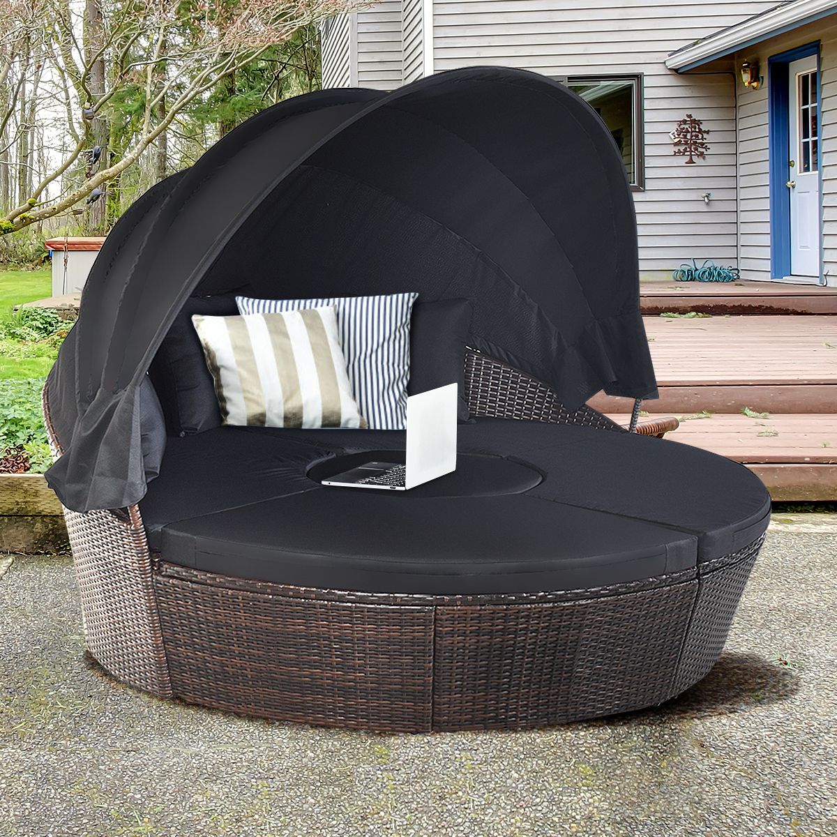 Round Outdoor Garden Bed Modular & Convertible Liftable Table - Adjustable PE Rattan Sun Shade Cushions Included Black -