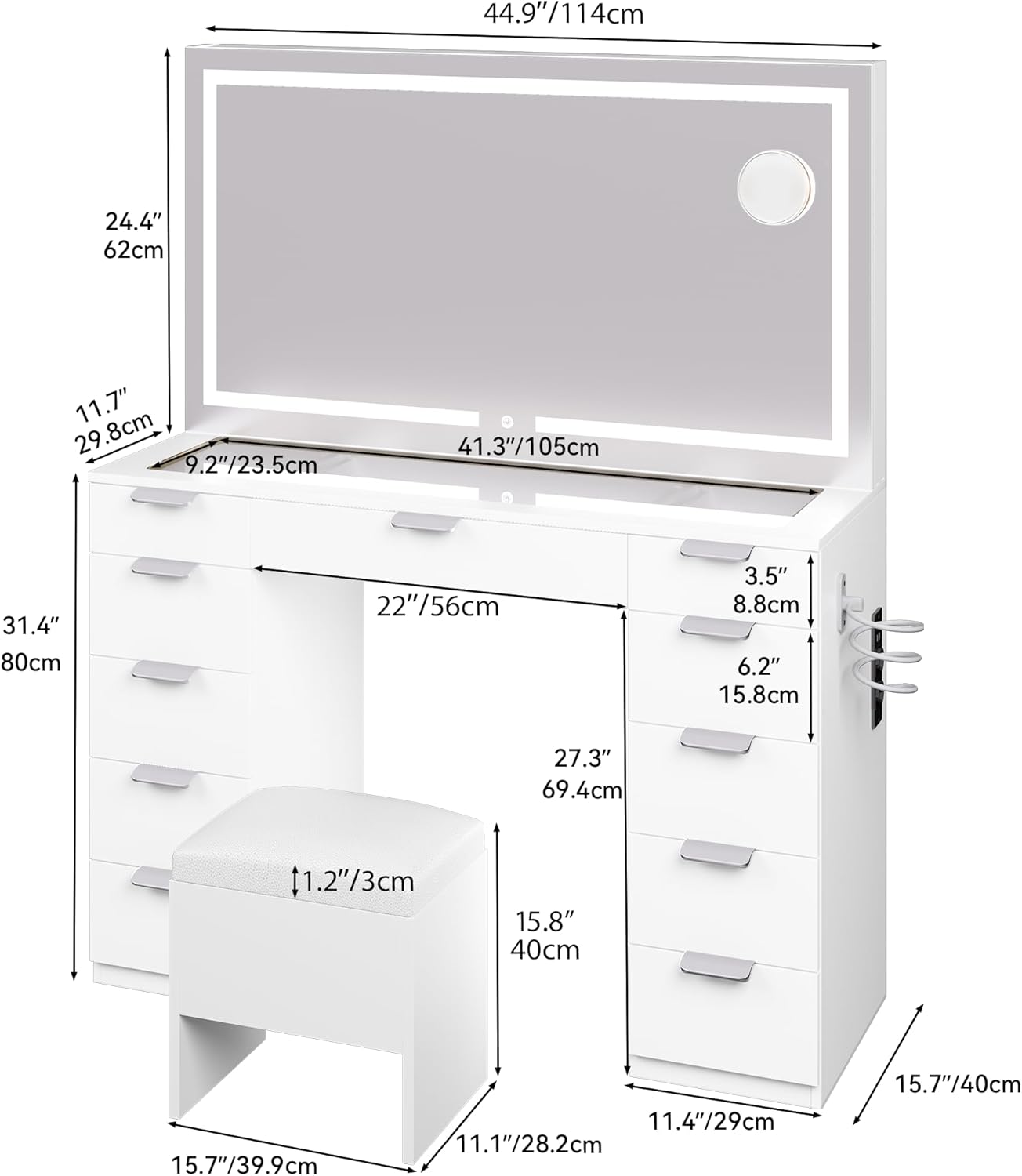 YITAHOME Large Dressing Table with Adjustable LED Lighting and Electrical Sockets, Dressing Table with Mirror, Clear Glass Roof, 11 Drawers and Stool, White