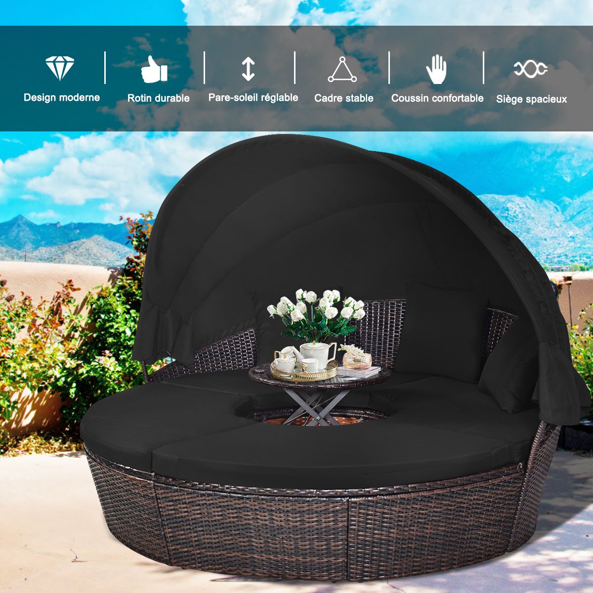 Round Outdoor Garden Bed Modular & Convertible Liftable Table - Adjustable PE Rattan Sun Shade Cushions Included Black -