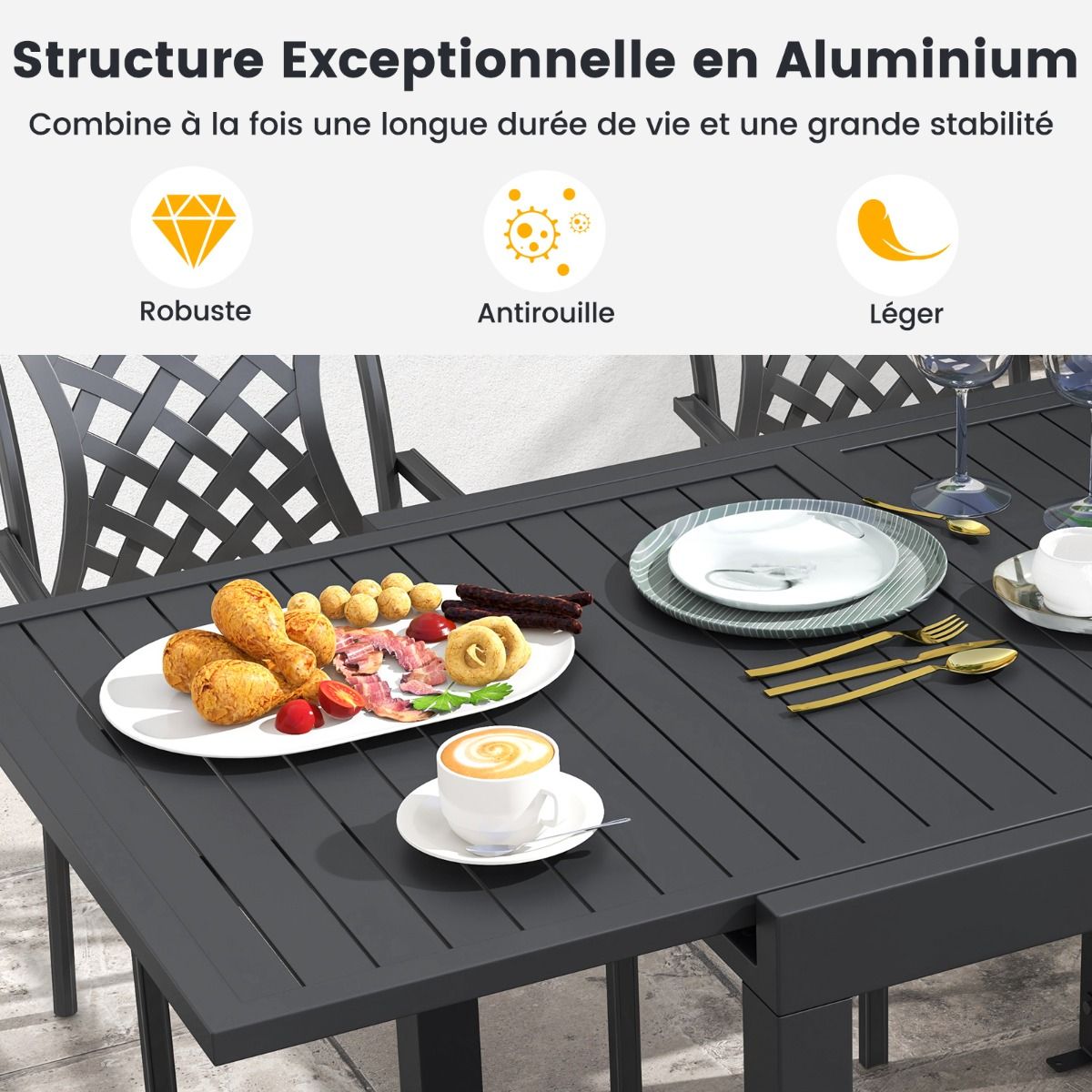 Extendable Aluminum Garden Table Adjustable from 80 to 160 CM Outdoor Dining Table Slatted Top for 4-6 People Dark Gray -