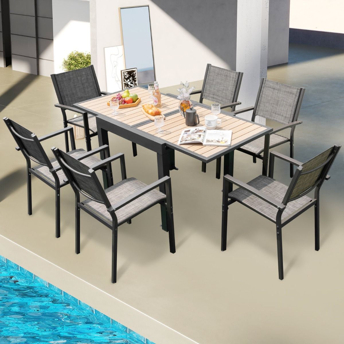 Extendable Aluminum Garden Table Adjustable from 80 to 160 CM Rectangular Outdoor Dining Table for 4-6 People Natural -