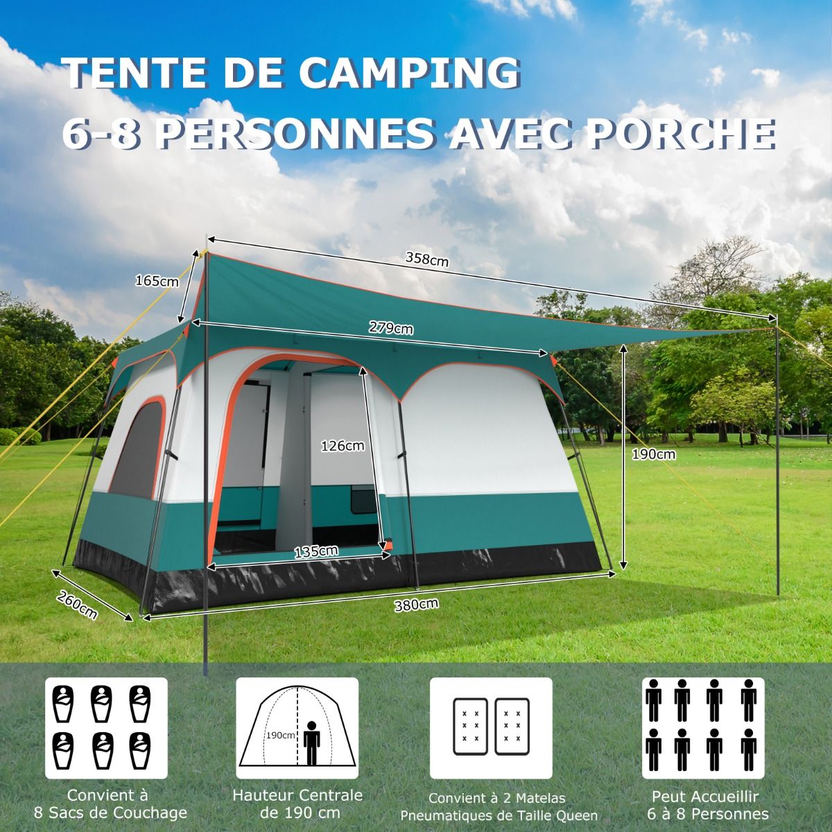 6/8/10 Person Camping Tent with Canopy Large Family Tent with 2 Bedrooms 2 Doors 2 Windows Mesh Green -