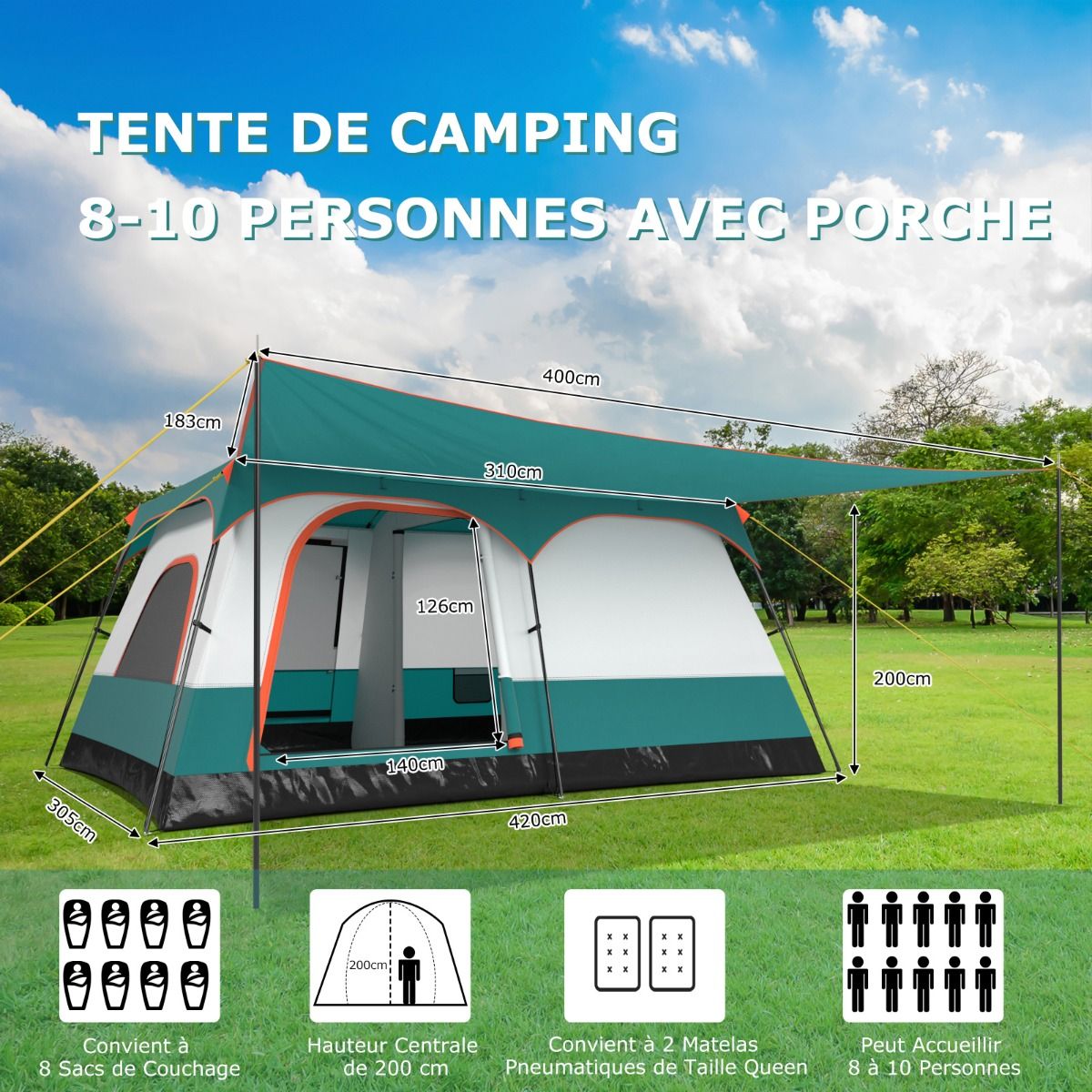 6/8/10 Person Camping Tent with Canopy Large Family Tent with 2 Bedrooms 2 Doors 2 Windows Mesh Green -