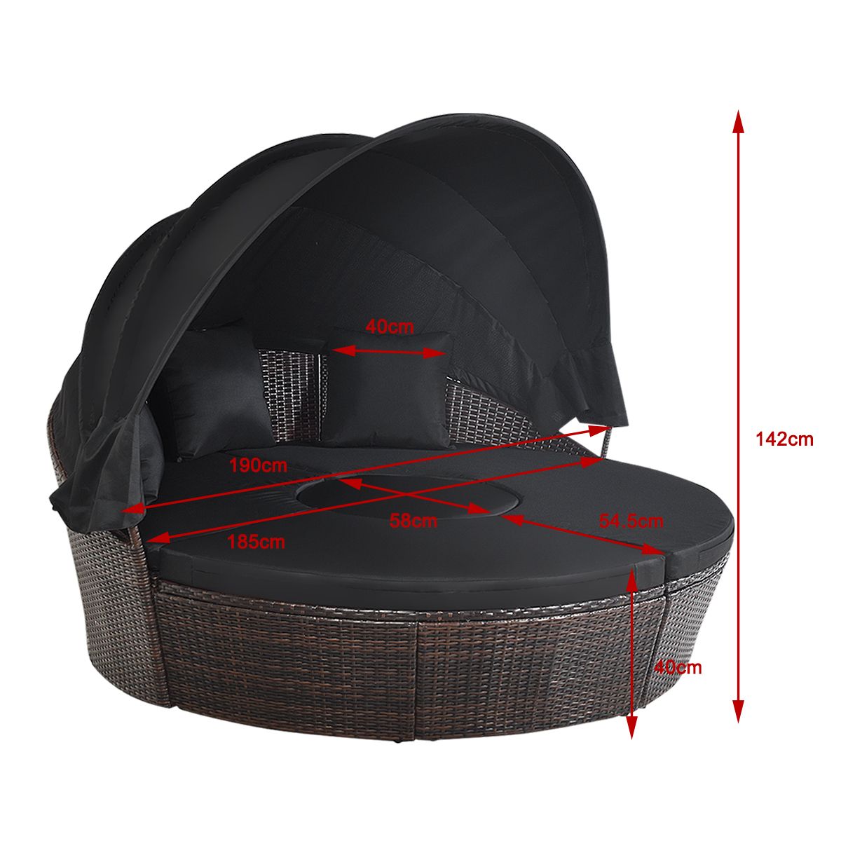 Round Outdoor Garden Bed Modular & Convertible Liftable Table - Adjustable PE Rattan Sun Shade Cushions Included Black -