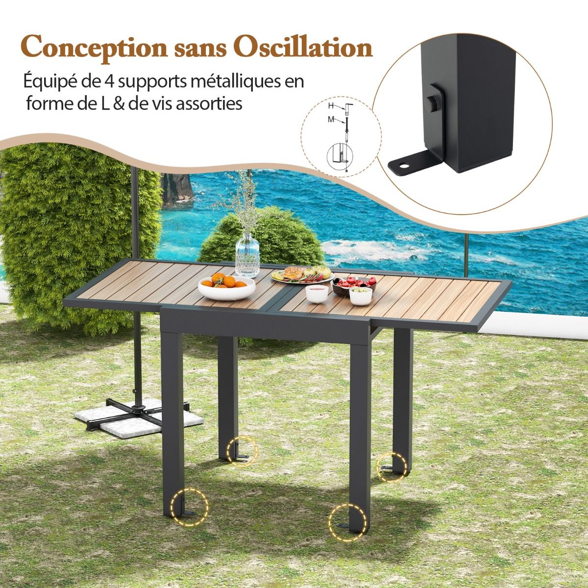 Extendable Aluminum Garden Table Adjustable from 80 to 160 CM Rectangular Outdoor Dining Table for 4-6 People Natural -