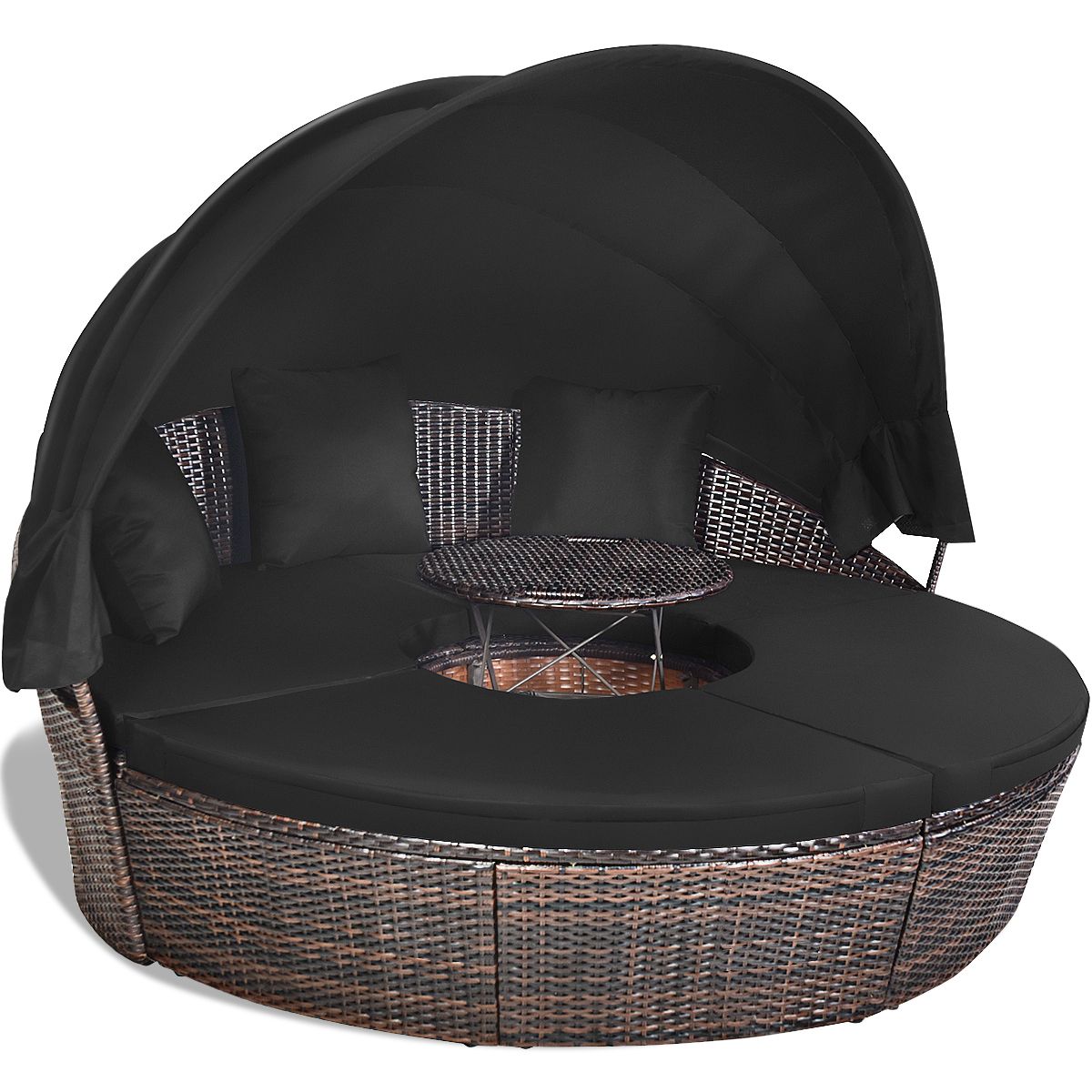 Round Outdoor Garden Bed Modular & Convertible Liftable Table - Adjustable PE Rattan Sun Shade Cushions Included Black -