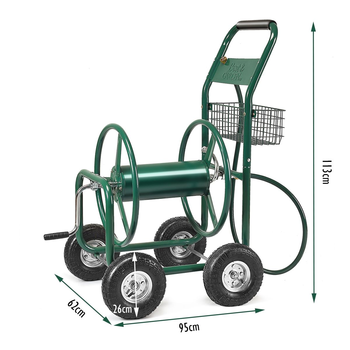 Garden Hose Reel with 4 Wheels Trolley for 1.7m of Watering Hose Basket, 95x62x113cm, Green -