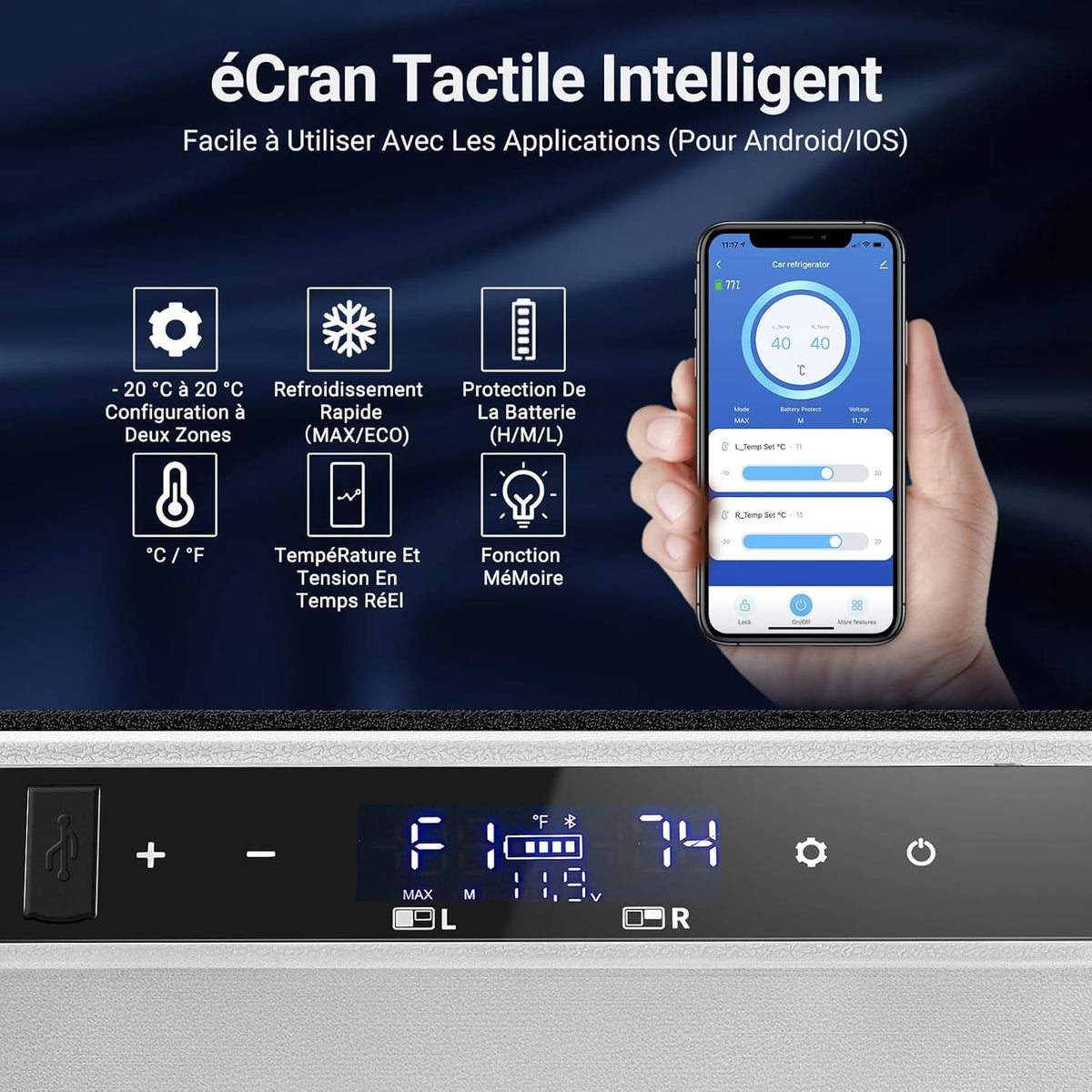 115L Double Zone Electric Cooler, WiFi APP Compression Cooler, 12 V/24 V and 100-240 V Camping Fridge, -20 to 20 for Car, Truck, Boat, Camping, Car, Caravans, Traveling, Home