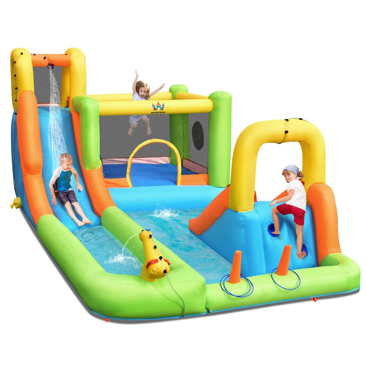 8 in 1 Inflatable Castle with 2 Slides Water Park with Jumping House Load 135kg for 3 Children Ages 3-10 -