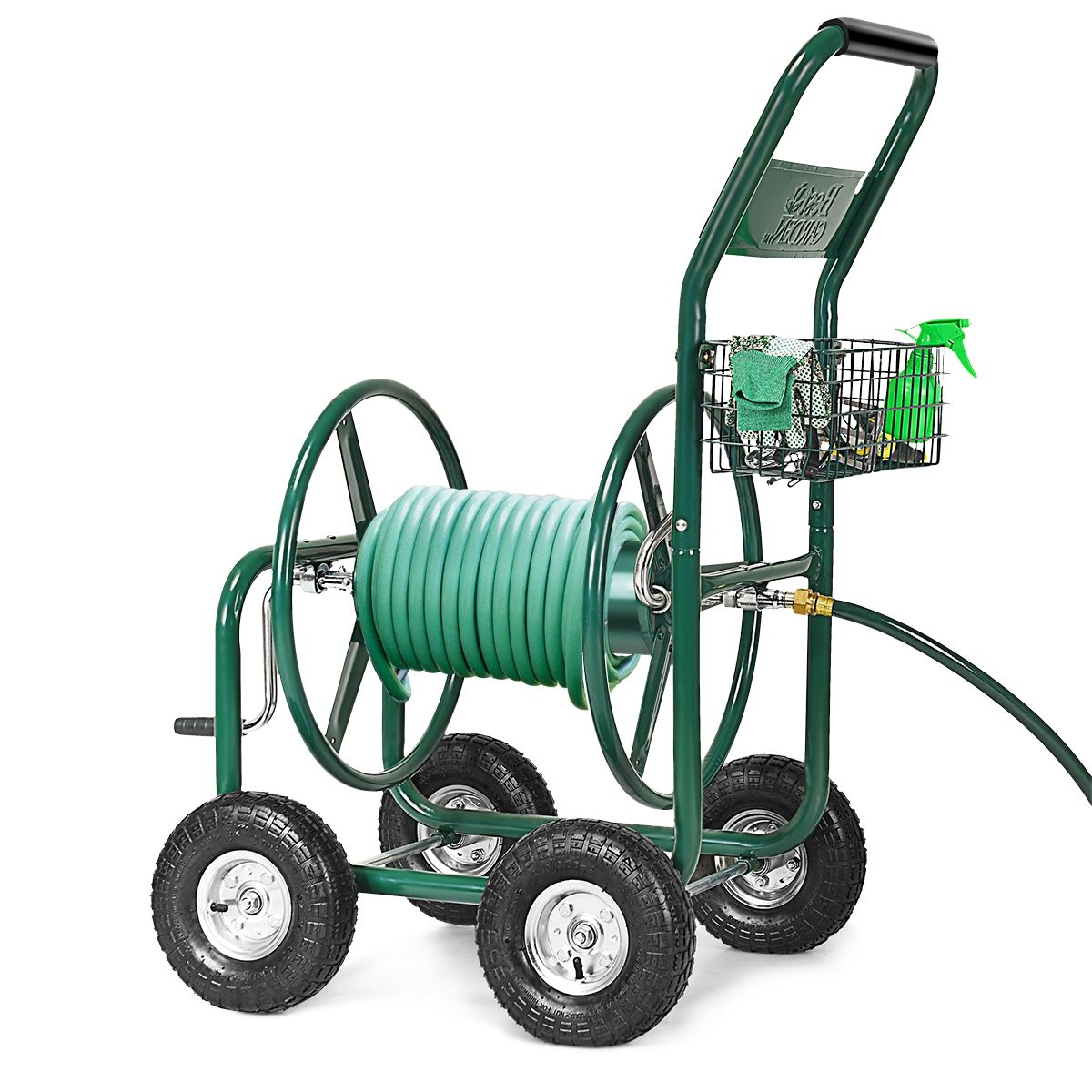 Garden Hose Reel with 4 Wheels Trolley for 1.7m of Watering Hose Basket, 95x62x113cm, Green -