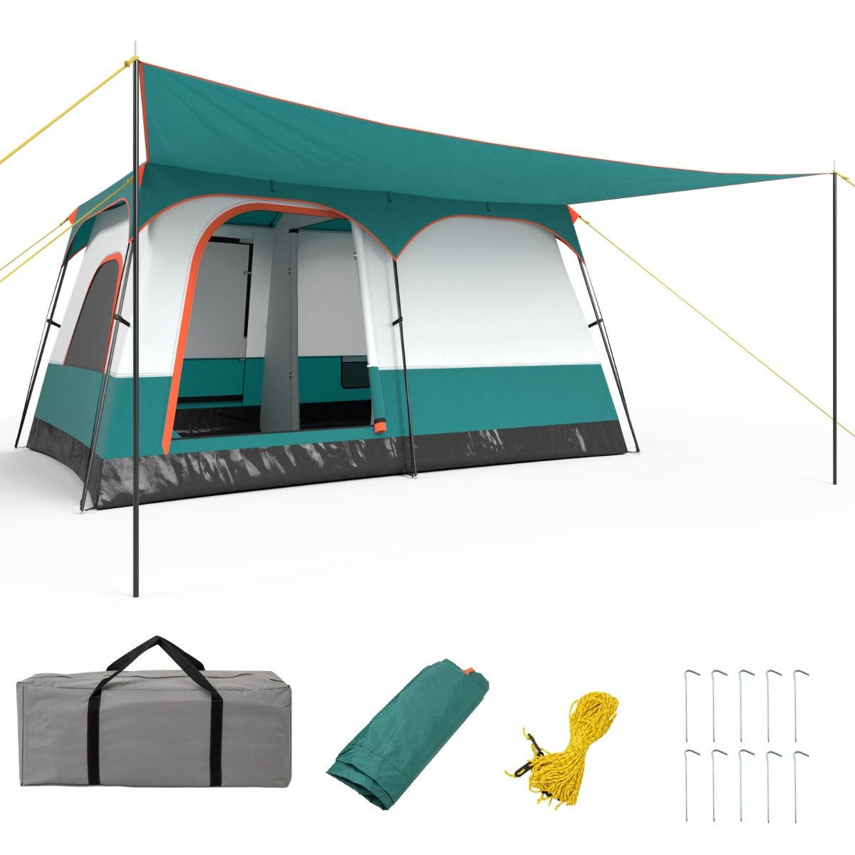 6/8/10 Person Camping Tent with Canopy Large Family Tent with 2 Bedrooms 2 Doors 2 Windows Mesh Green -