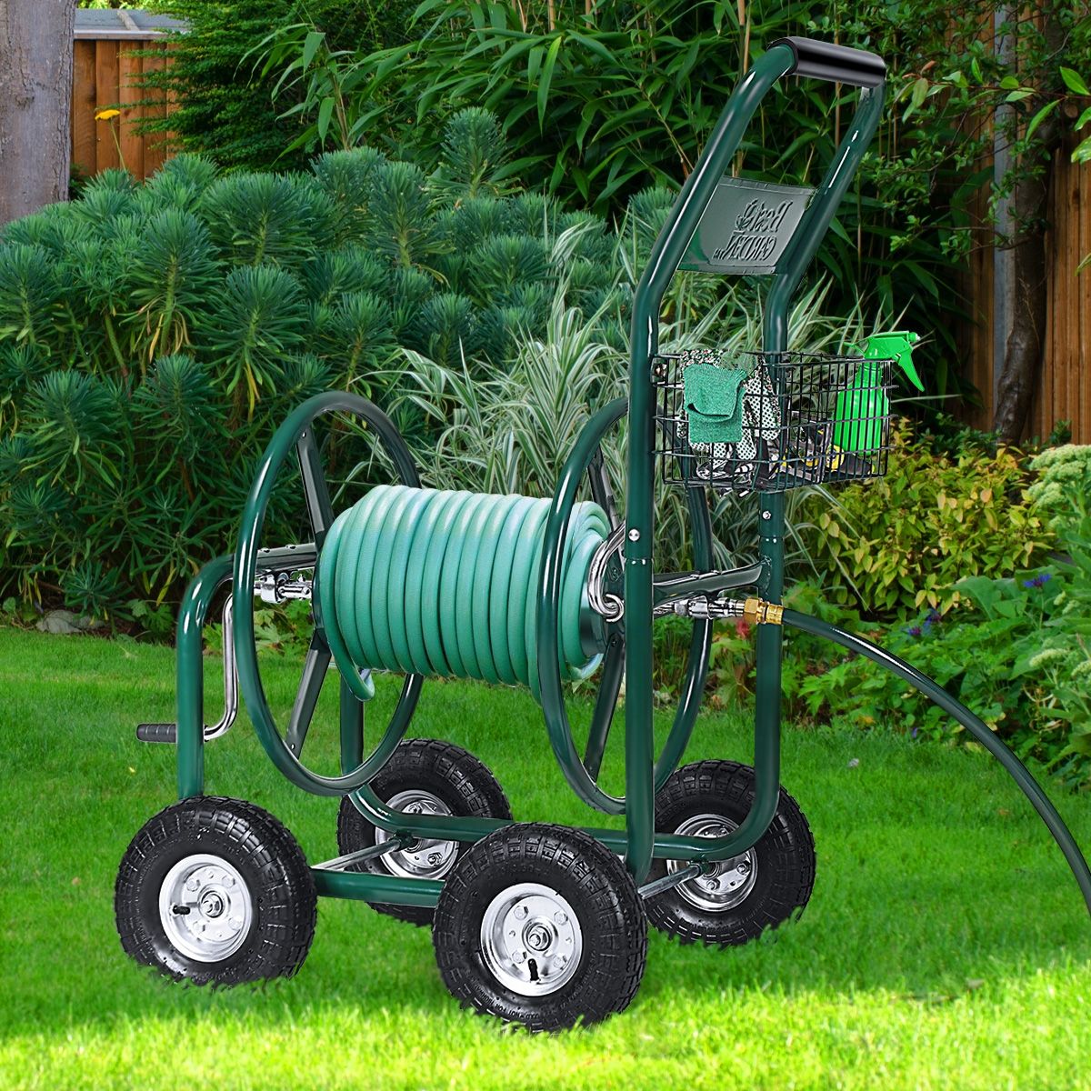 Garden Hose Reel with 4 Wheels Trolley for 1.7m of Watering Hose Basket, 95x62x113cm, Green -