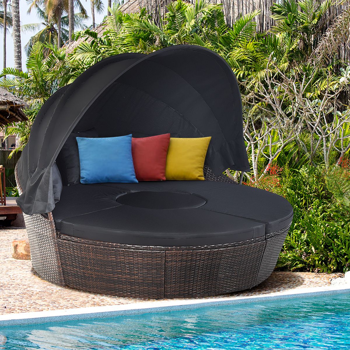 Round Outdoor Garden Bed Modular & Convertible Liftable Table - Adjustable PE Rattan Sun Shade Cushions Included Black -